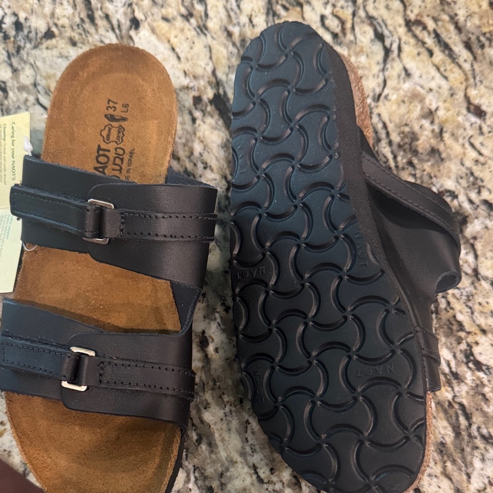 Naot Sz 37 Black Leather Slide Sandals - Picture 2 of 4